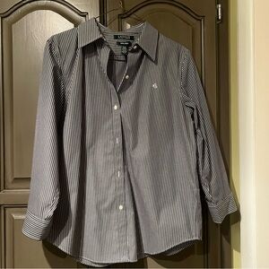Lauren Ralph Lauren Black white stripe M 3/4 sleeve cotton button preppy blouse